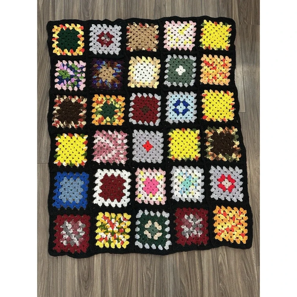 Granny Square Throw Blanket Crochet Afghan Vintage Black 70s Rosanne TV Big Bang